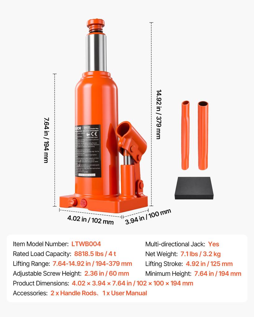 VEVOR Hydraulic Bottle Jack 4 Ton (8818.5 lbs) 194-379 mm Lifting Range, for Midsize Sedan, Midsize SUV, Van, Auto Repair & House Lift