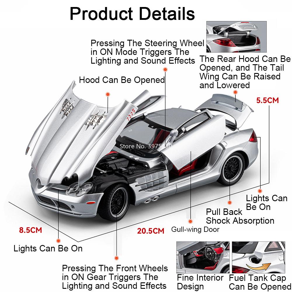 Scale 1:24 S680 SLR 722S Car Model Toy Doors Opened Sound Light Pull Back Sports Cars Alloy Diecast Vehicle Models Shelf Display
