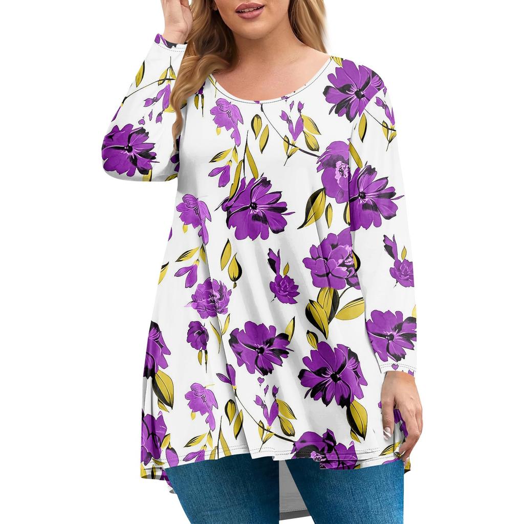 Dames pluss størrelse topp, hageskrage langermet skjorte, moteriktig blomsterprint avslappet topp