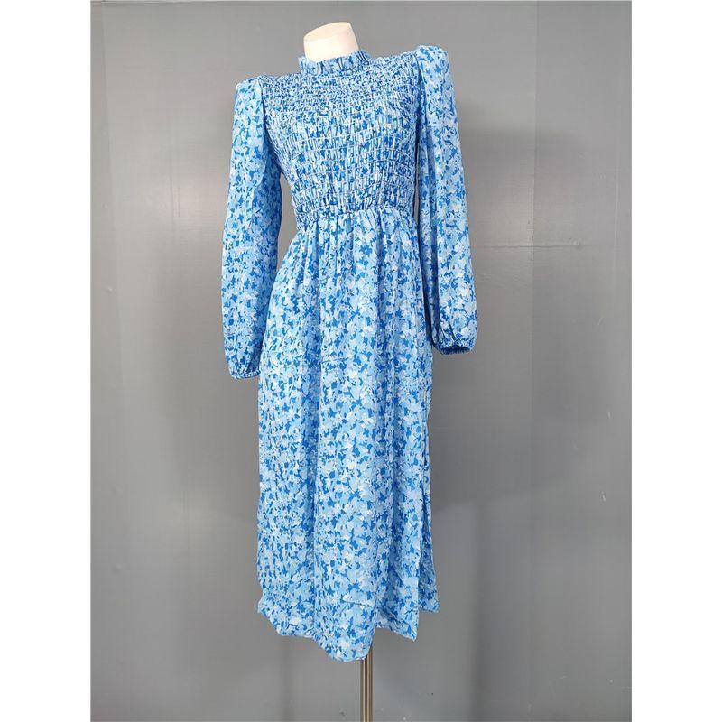 

Foreign Trade Order on Home French style Brilliant New Style Lantern Sleeve Exquisite Print Swing Style Corset Temperament Big Hemline Dress Blue Flower X L