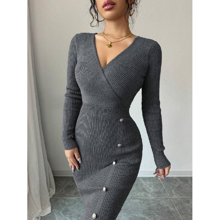 Dámský pletený zavinovací svetr s vysokým pasem, bodycon základní vrstva, spodní prádlo, středně dlouhý, s výstřihem do V, dlouhý rukáv, polyester, podzim zima
