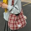 Japanese Retro Plaid Literary Tote: Versatile, Simple, Large-Capacity Shoulder Bag for Women