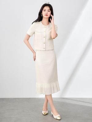 Conjunto de Jaqueta e Saia Midi Plissada Estilo Xiaoxiang It Girl de Alta Qualidade para Mulheres