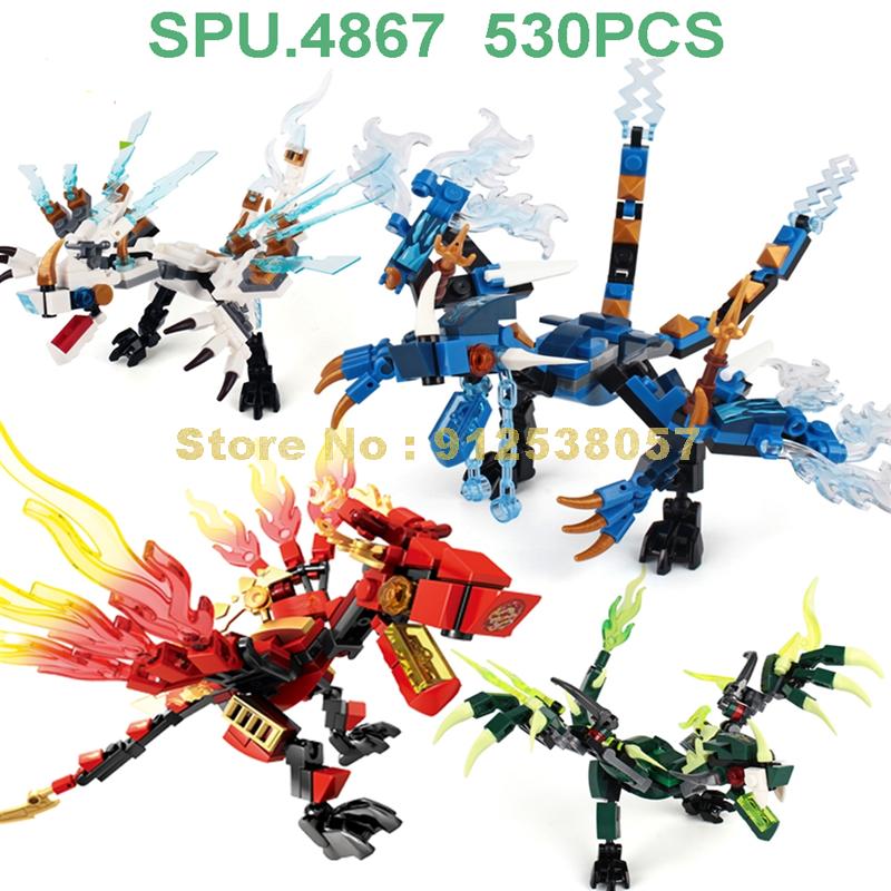 Ninja N/4/sets Ice Fire Gold Flame Lightning Flying Double Head Dragon Robot Mech Forge Building Blocks Toy