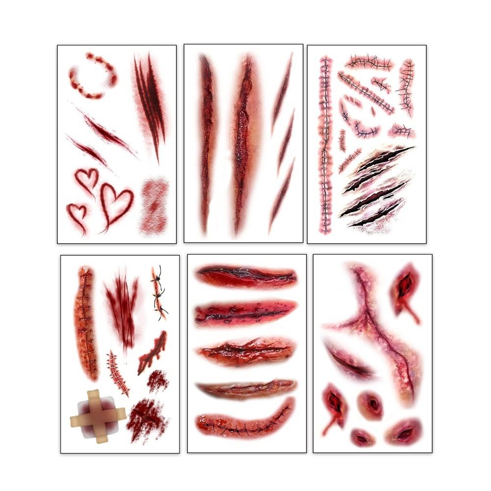 Halloween Day Realistic Wound Tattoo Sticker 6-Piece Set Zombie Special Effects Makeup Horror Halloween Tattoo Scar Blade Mark 1 Set Halloween N Mixed