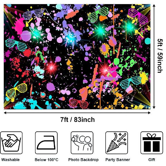 Avezano Neon Glow in The Dark Backdrop Paint Splatter Graffiti Glow Party 80s 90s Themed Birthday Background Colorful Neon Party Birthday Backdrops