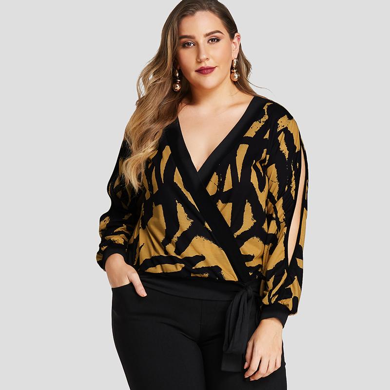 

Летние женские топы с запахом и цветочным принтом, блузка с длинными рукавами и v-образным вырезом
