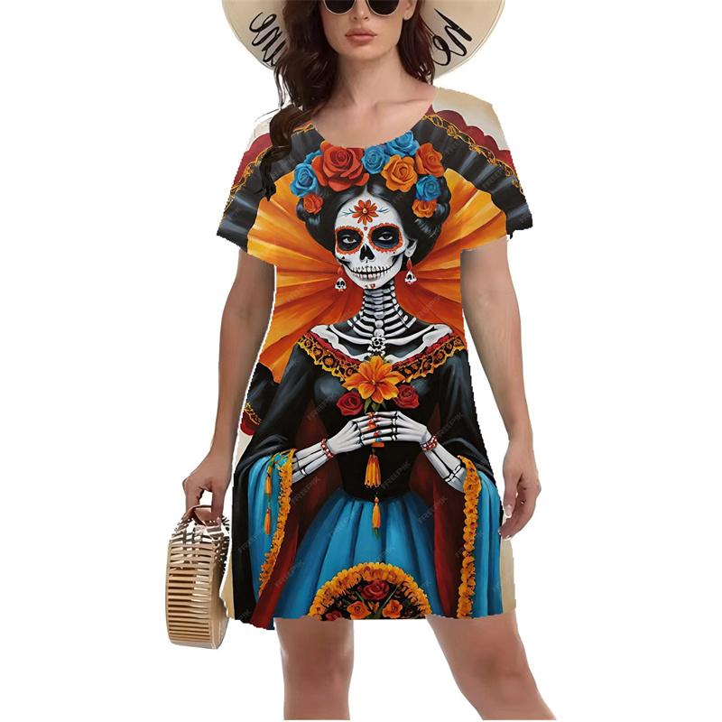 3D Vintage Rose Skull Graphic Print Dress Gothic Style Mini Dress Women Summer Short Sleeve O-Neck Casual A-Line Dress Vestidos