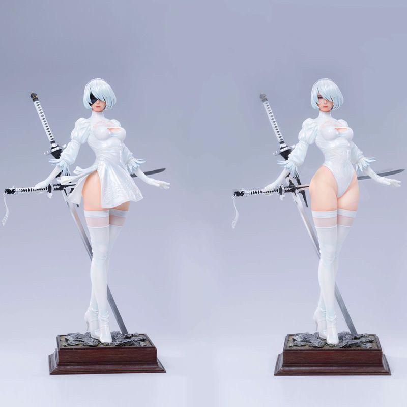 NieR Automata 2B Anime Girl GK Figure Double Head Sculpture High Slit Battle Suit Collectible Statue Desktop Decoration