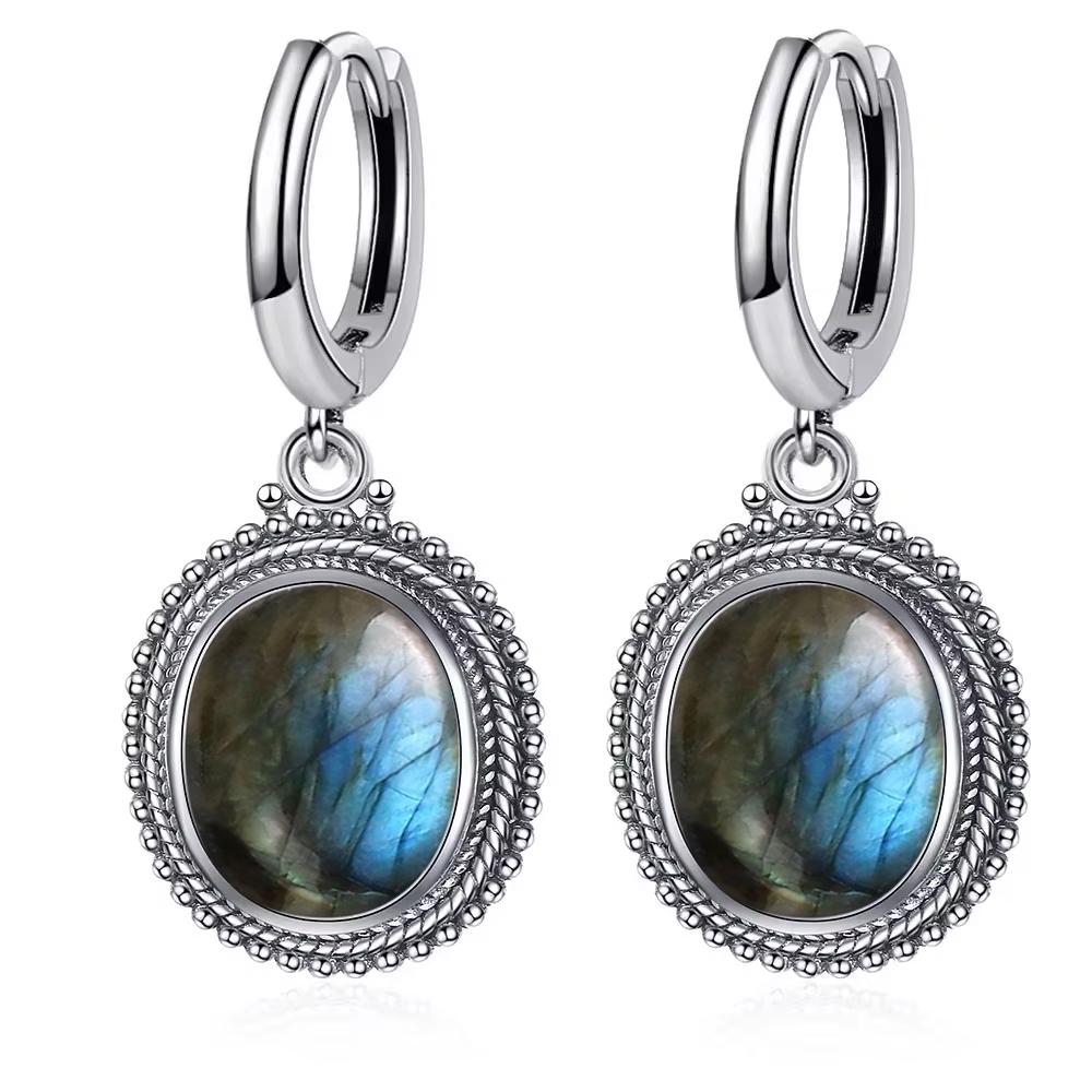 Vintage 925 Silver Natural Labradorite Earrings with Blue Light 10*12mm Big Stone Hoop Earrings Fine Jewelry for Women