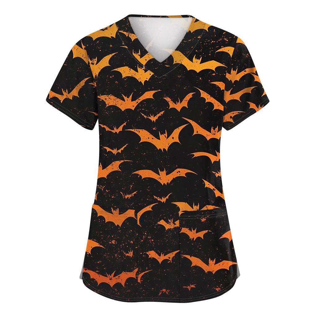Women's Fashion V-neck Short-sleeved Work Uniform With Pockets, Halloween Print Top