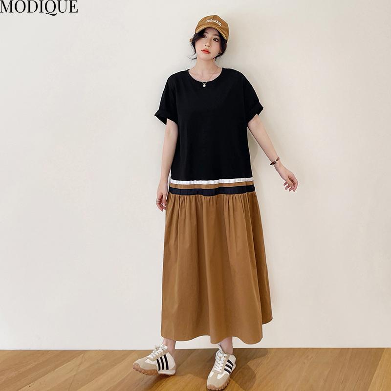 MODIQUE Summer Plus Size New Women Basic Loose Minimalist Color Matching T-Shirt Patchwork Long Dresses Female Casual Short Sleeve O-Neck Dresses