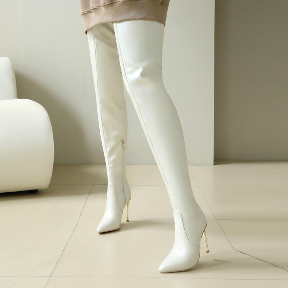 Sexy Damen-Overknee-Stiefel, Mädchen-High-Heel-Stiefel, plissiertes Lackleder, Motorrad, spitze Zehen, Reißverschluss-Schuhe