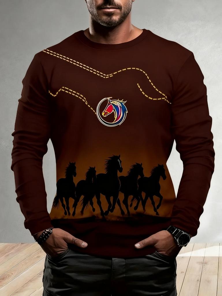 Men's T-Shirt Running Horse Graphic 3D Print Fashion Long Sleeve Crew Neck Unisex Tee Shirt Casual Summer Personality Men's Top