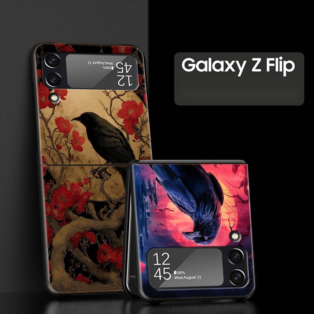 Black Raven Hard PC Phone Case For Samsung Galaxy Z Flip 7 6 5 4 Black Cover For Galaxy Z Flip 3 Foldable Shell Fundas Capas Bag