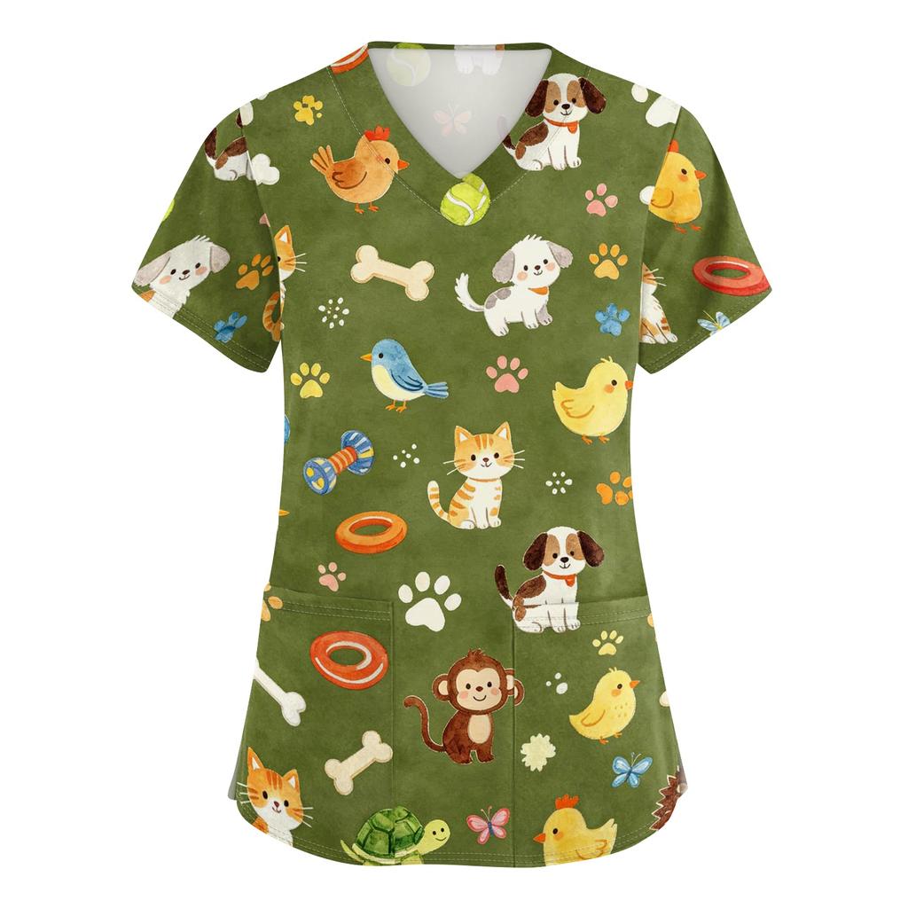 Damen V-Ausschnitt Kurzarm Arbeits-Top mit Taschen Tierprint Medizinisches Kasack-Shirt für medizinisches Fachpersonal Bequeme Passform Strapazierfähiges Gewebe