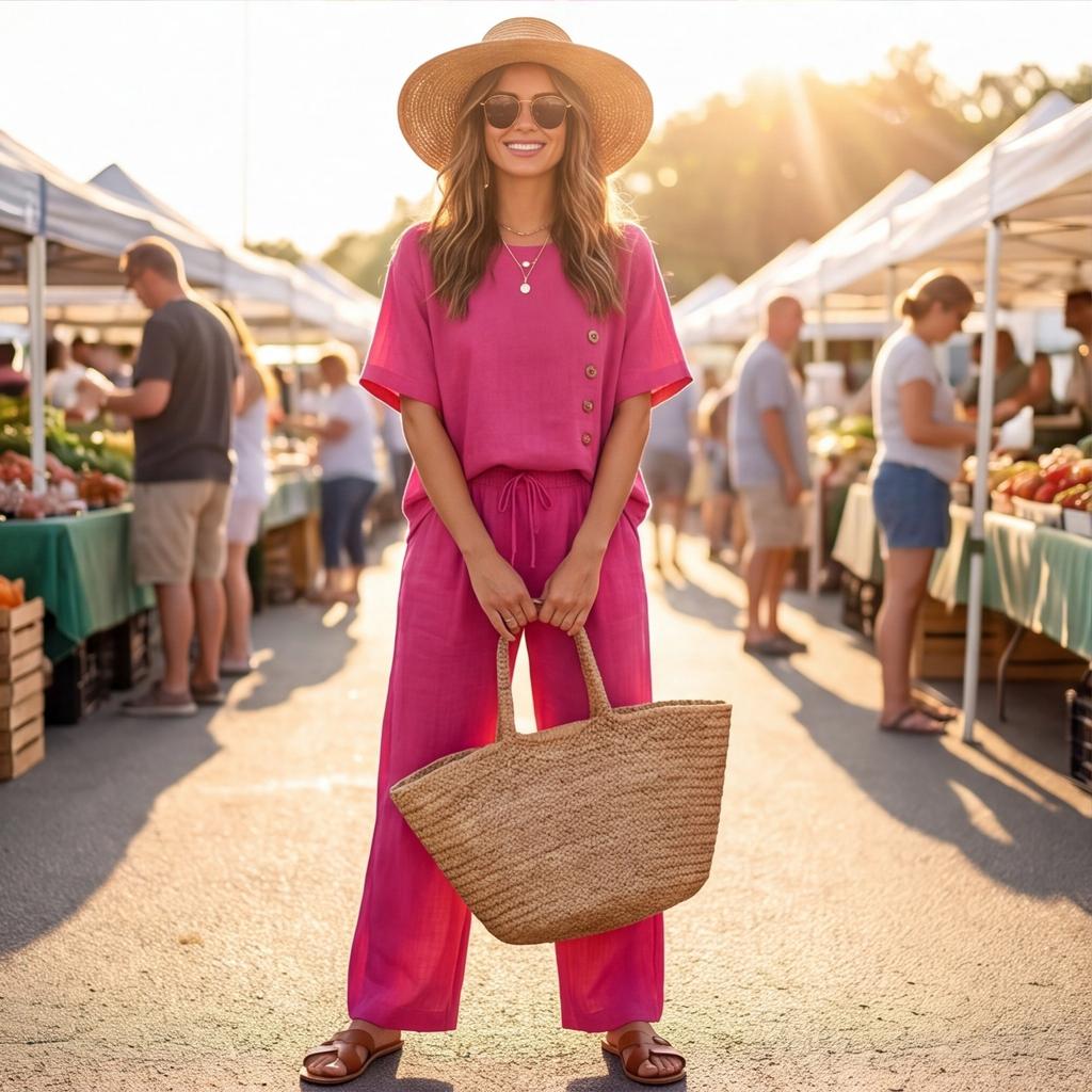 Women's Fashion Round Neck Short Sleeved Top With Elastic Waist, Casual Loose Wide Leg Pants Two-piece Set