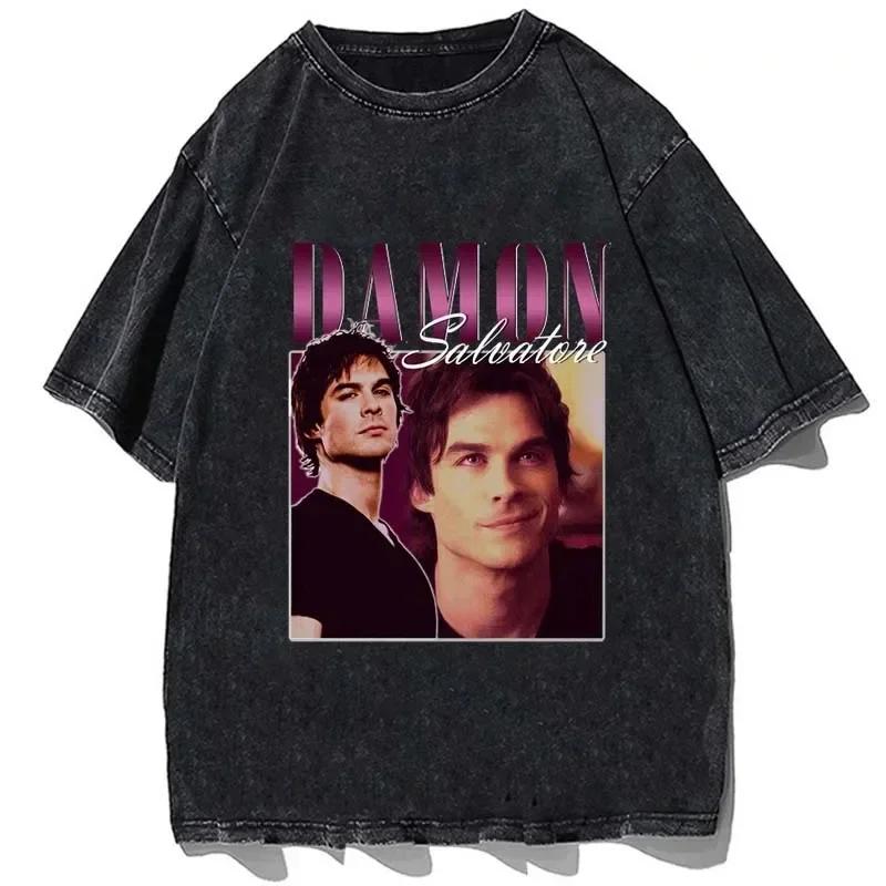 25 Horké Top Módní Damon Salvatore Vintage Praní Ian Somerhalder Dámské Tričko Street Wear Manga Krátký Rukáv Ležérní Harajuku