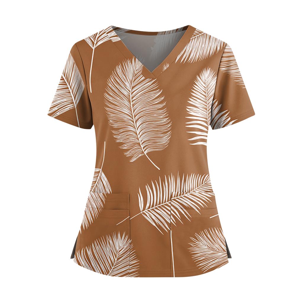 Women's Hawaiian Print V-Neck Double Pocket Short Sleeve Uniform/ Top