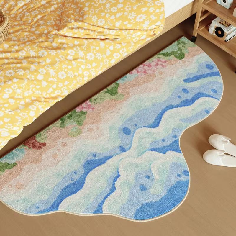 Irregular Flower Runner Rug Soft Plush Bedside Mat Non Slip Cute Floral Green Bedroom Living Room Home Decor Floor Carpet