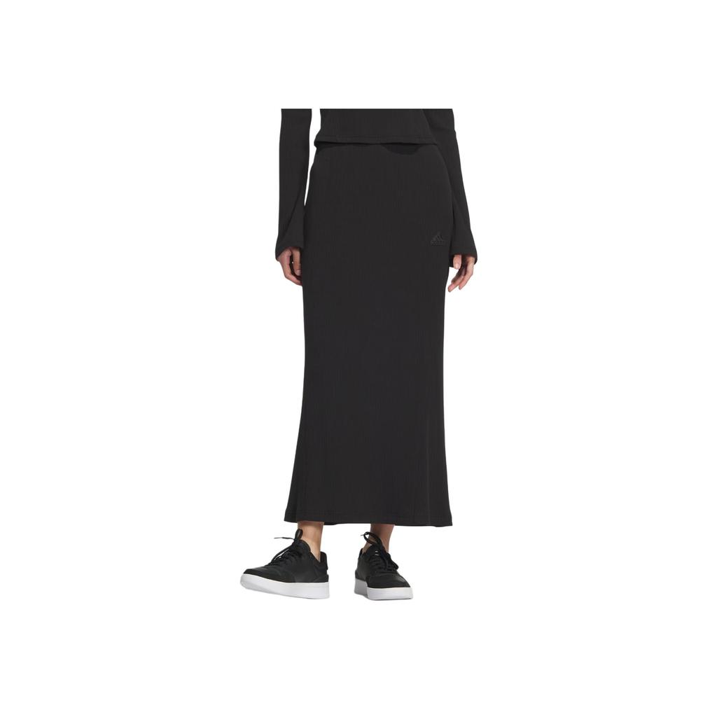 Adidas Lounge Rib Skirt Fashion Solid Color Fitted Mid Waist Versatile Long Casual Skirt Women Skirts Black JJ3574