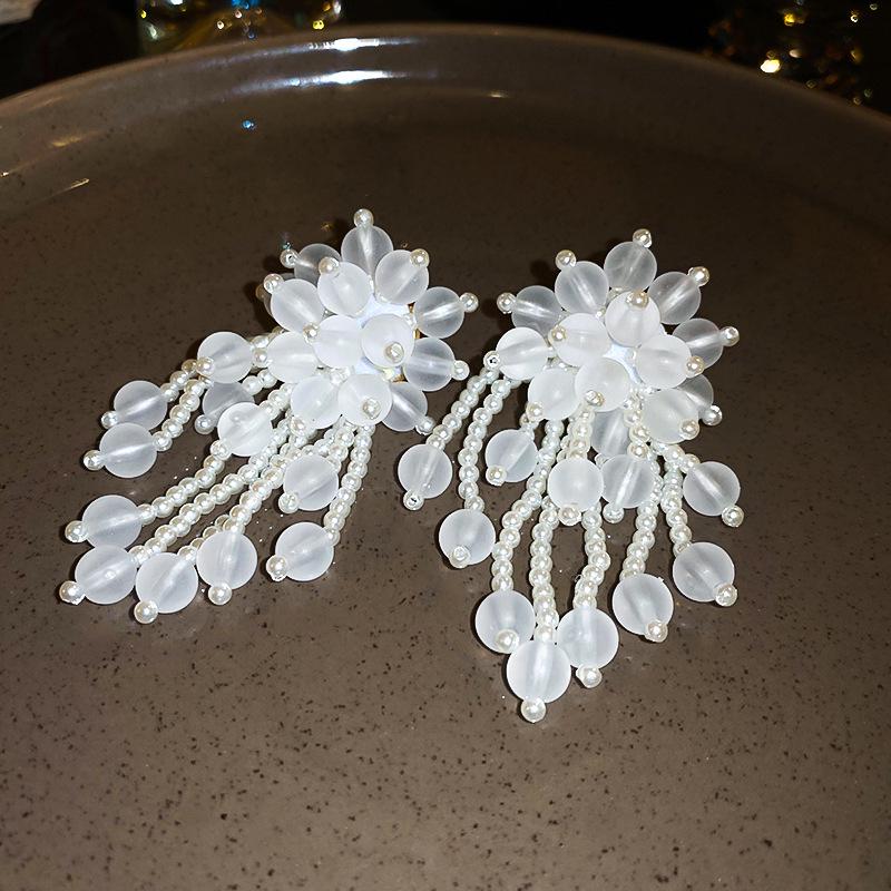 Silver Needle Acrylic Bead Tassel Earrings - Fashionable High-End Stud Earrings for Women