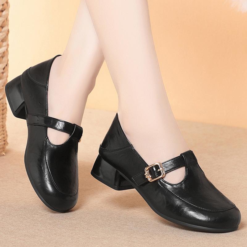 3cm All Match T Buckle Shallow Soft Leather Shoes Mary Janes Fall 2025 Women's Square Heels Shoes for Office Mom Work Daily