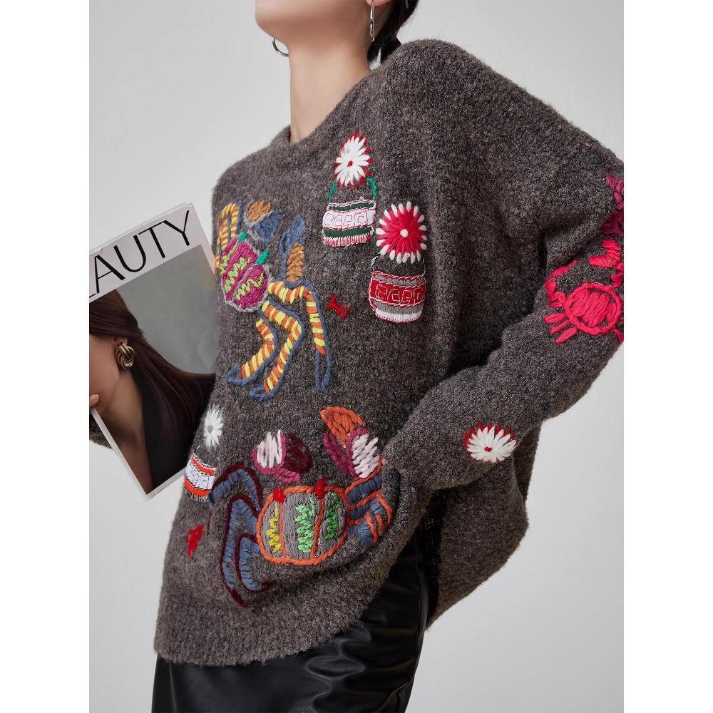 Dimanaf 2025 Women Autumn Embroidery Sweater Design Basic New Fashion Tops Tees Casual Loose Tees