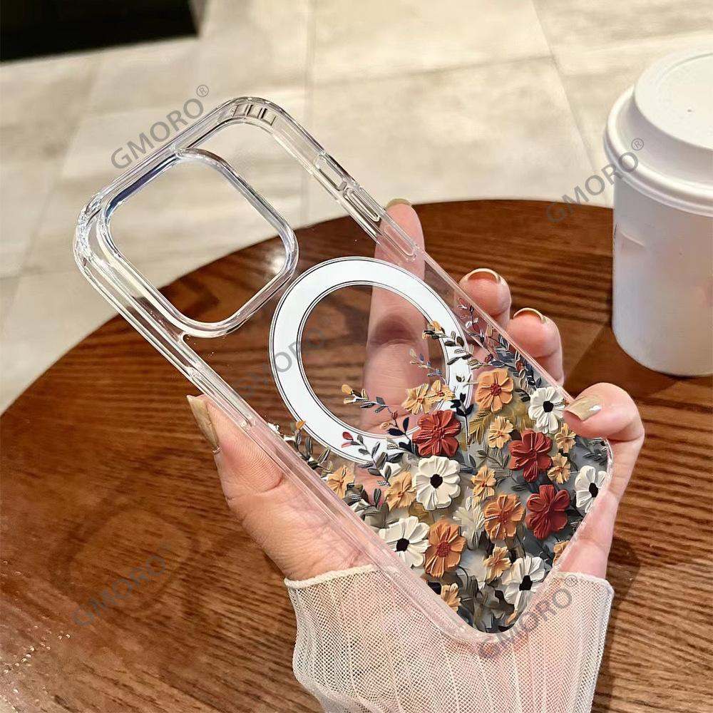 Retro floral MagSafe magnetic transparent mobile phone case iPhone15 anti-drop hard case protective case Apple 17Pro