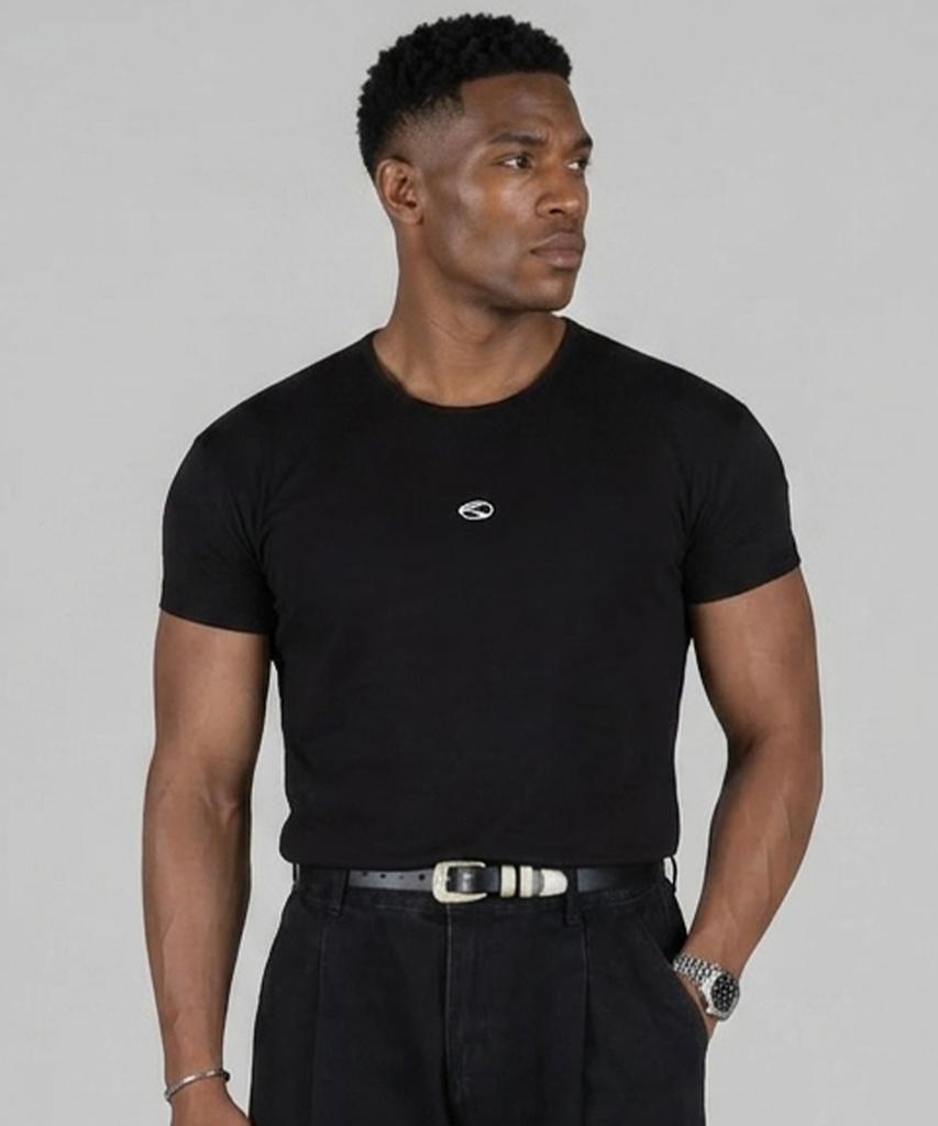 FOR THE FIT Signature Logo Light Cotton Muscle Fit Short Sleeve T-Shirt_Black