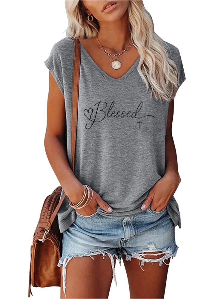 Women Fashion Printed Top Summer V Collar Tee Shirt Ladies Casual Short Sleeve T-shirt