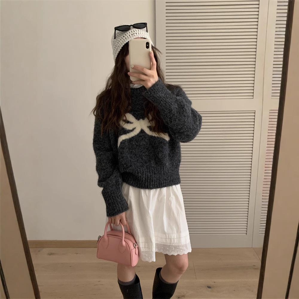 Korean Autumn Bow Detail Girly Style Knit Pullover Top Loose Round Neck Sweater