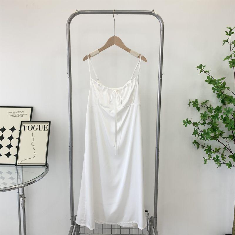 

Sexy Soft Pajamas Women s Temptation Backless Strap Nightdress Silky Satin Plaid Breathable Home Clothing Double-Sided Wear White All yards