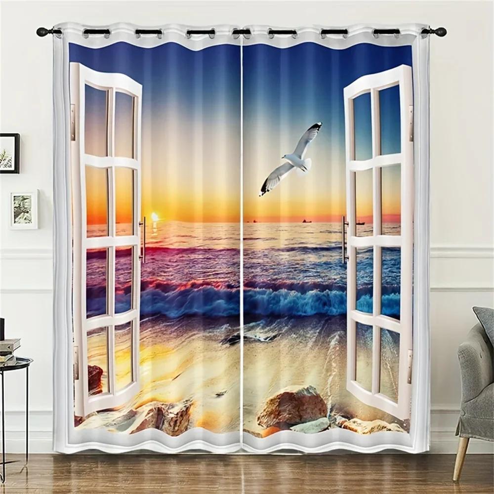3D Natural Scenery Landscape Seascape Seagull Window Curtains Blinds For Living Room Bedroom Bathroom Kicthen Door Home Decor2Pc