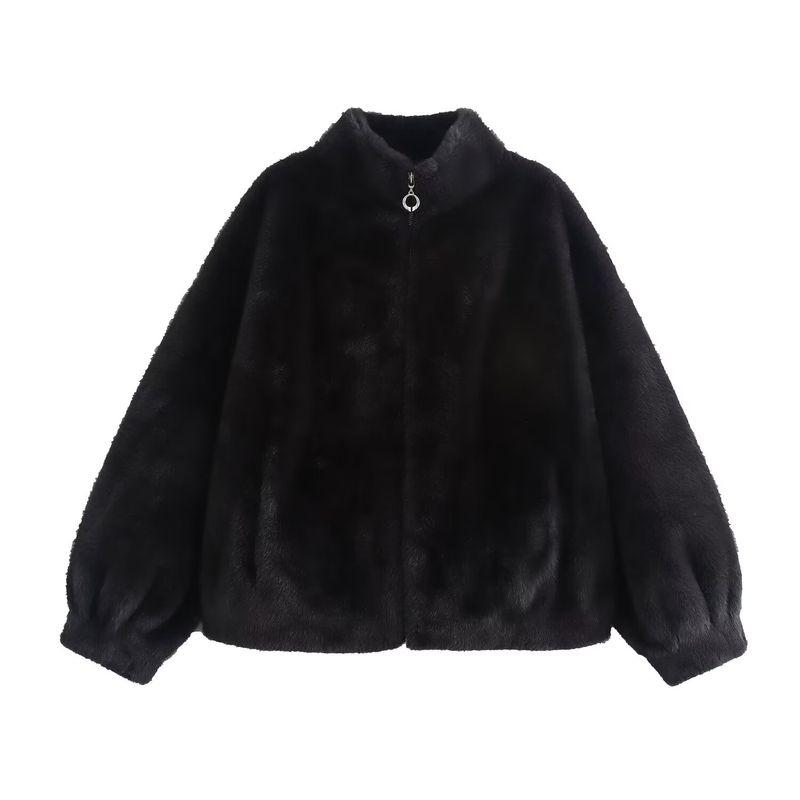 Kaslead New Arrival Women's Clothing Fashion Style Fur Integrated Stand Collar Short Zipper Jacket Outwear