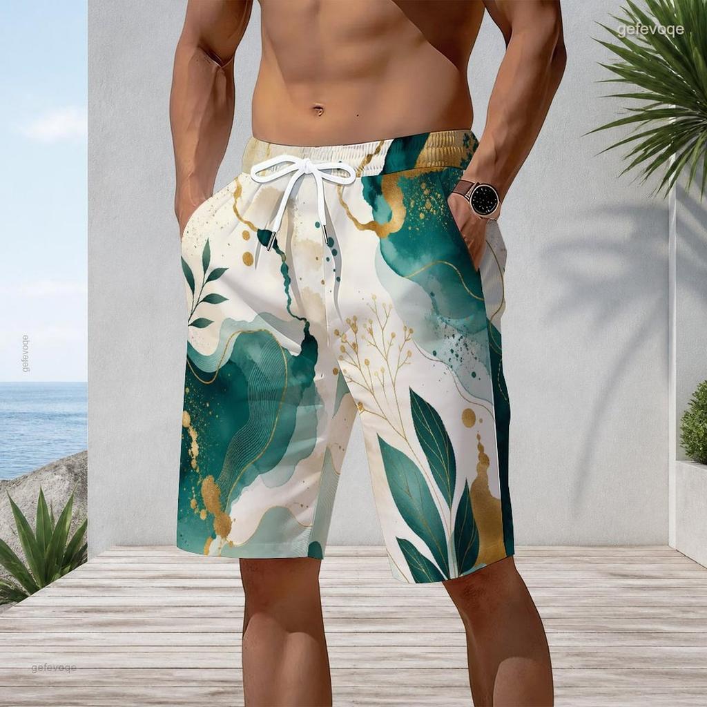 Men Plus Size Printed Beach Shorts Drawstring Waist Side Pockets Straight Leg