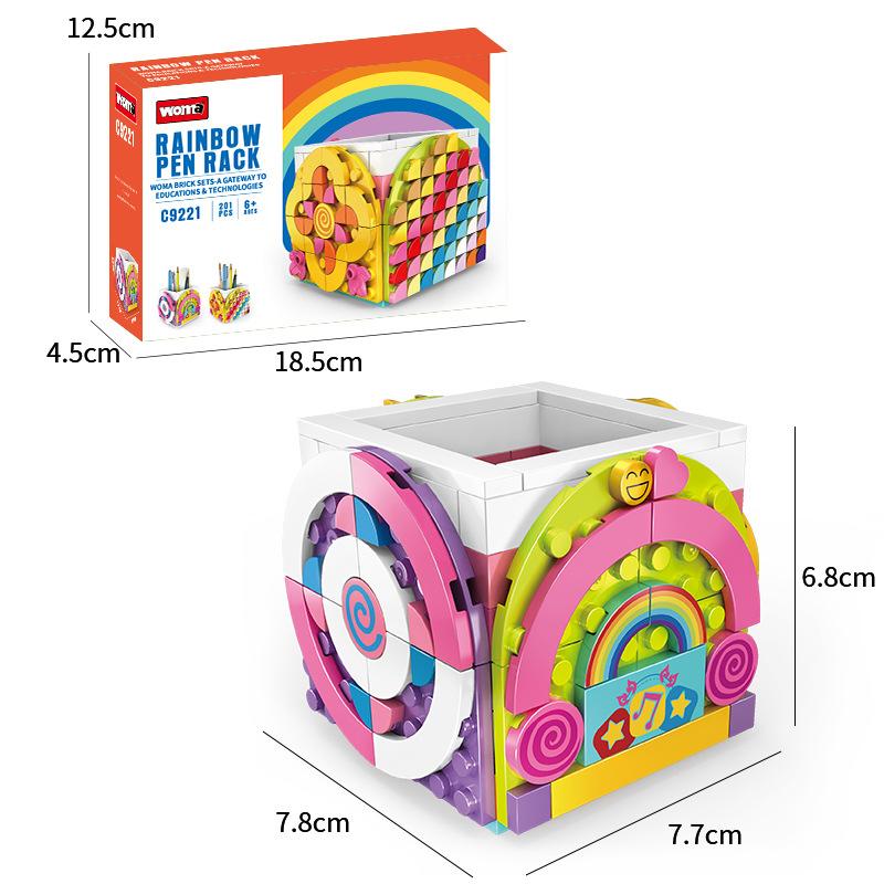 School Season Rainbow Pen Holder Cartoon Building Block Pen Holder Children Diy Small Particles Assembled Girl Gift Ornament