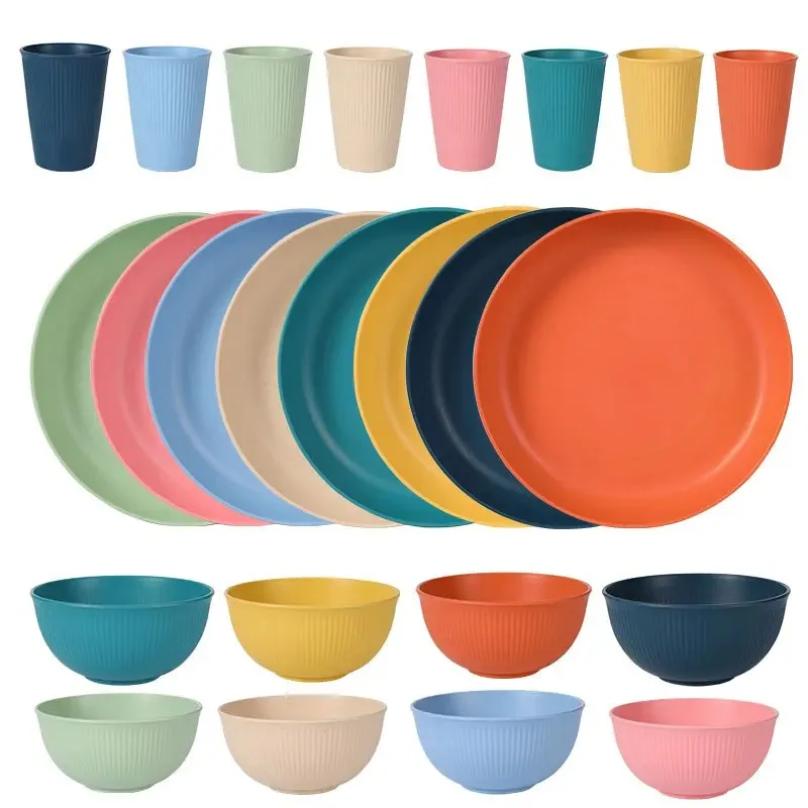 Set da tavola in paglia di grano 4 pezzi Eco-friendly Sicuro Piatti Tazze Ciotole Set di stoviglie per feste a casa Campeggio all'aperto Colore caramella Regalo