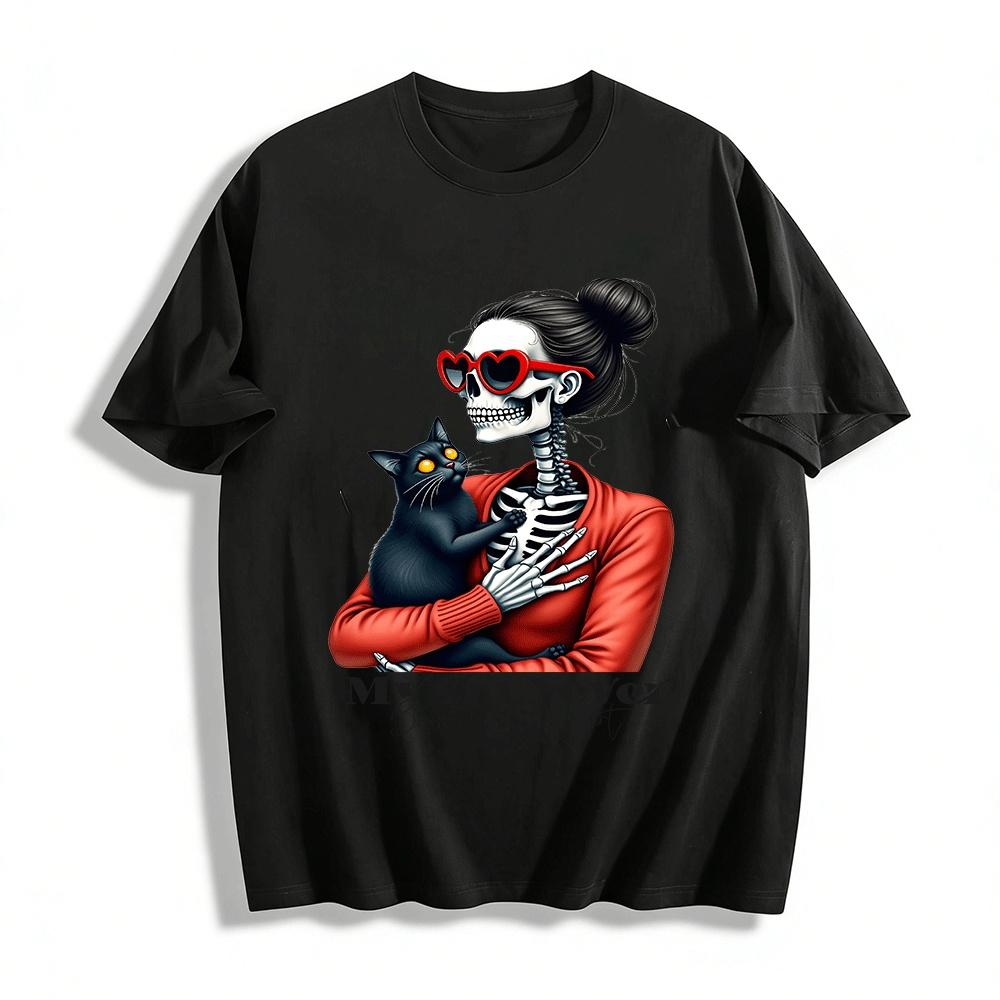 My Cat Never Broke My Heart Skeleton Lady Black Cat Tee Pure cotton T-shirt XXS