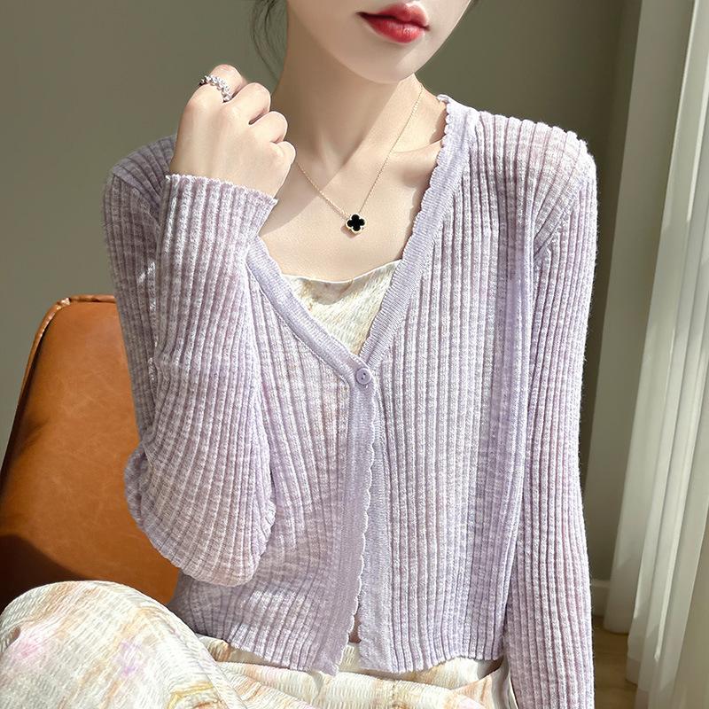 Women Thin Long Sleeve Solid Sunscreen Knit Cardigan Summer Outerwear Cover Up