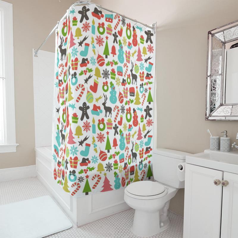 TU Christmas Shower Curtain Festive Holiday Decor Waterproof Bathroom Set Xmas Pattern Backdrop
