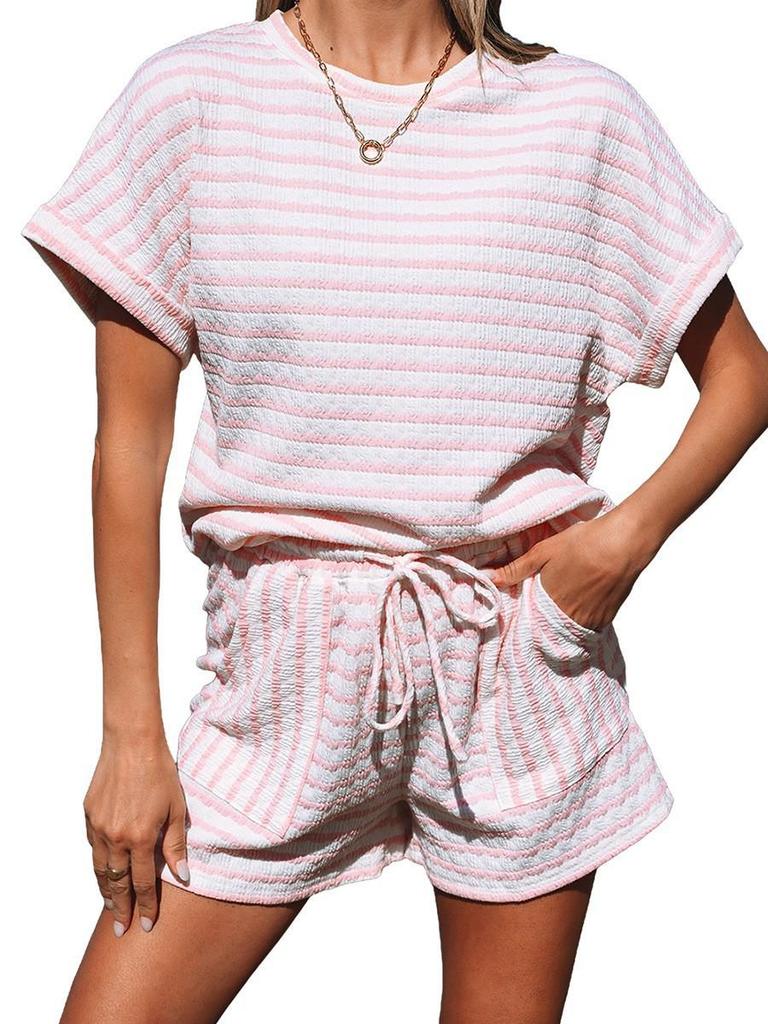 2025 Spring/Summer Women's Knit Drawstring Short-Sleeved Two-Piece Casual Set - European & American Fashion
