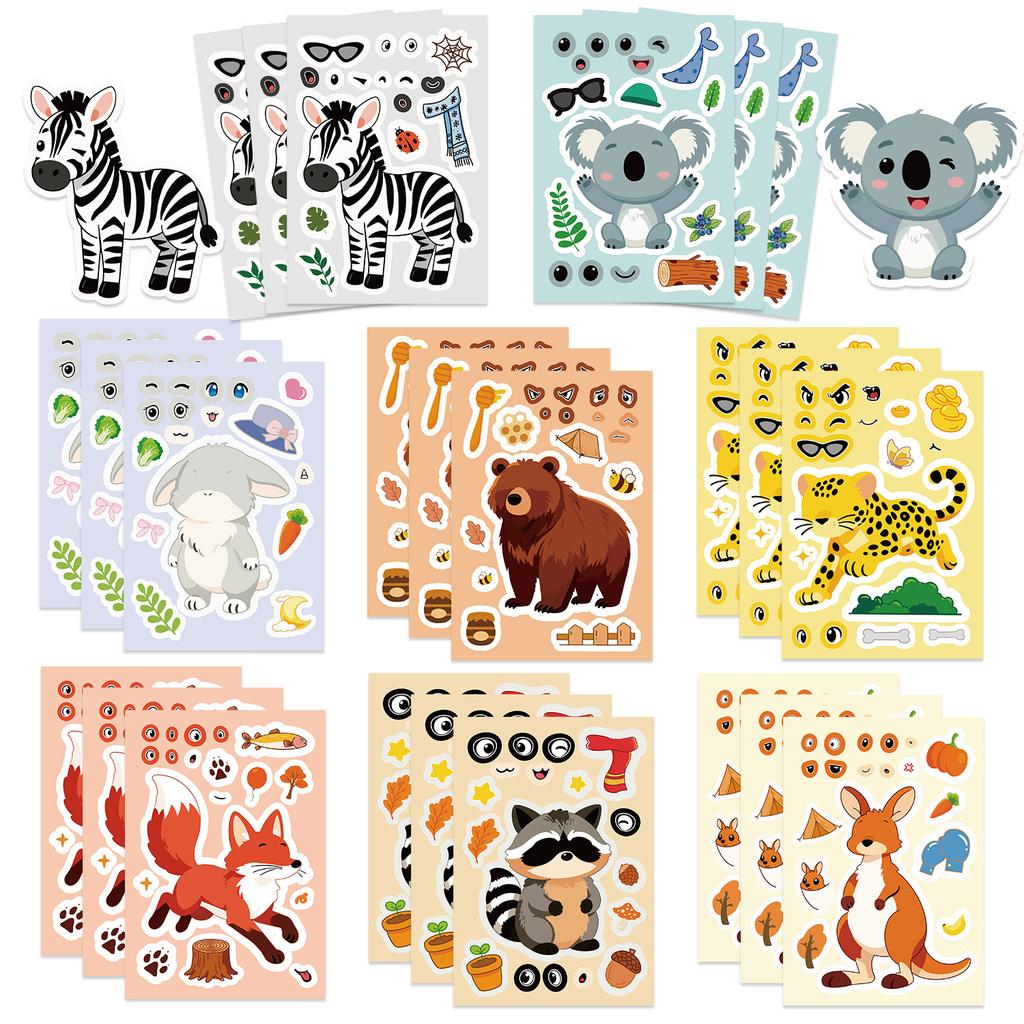8/16/24Pcs Cartoon Animal Waterproof Reusable Make a Face Stickers for DIY Puzzle Game Decoration On Fridge Toy Shelf Drawer