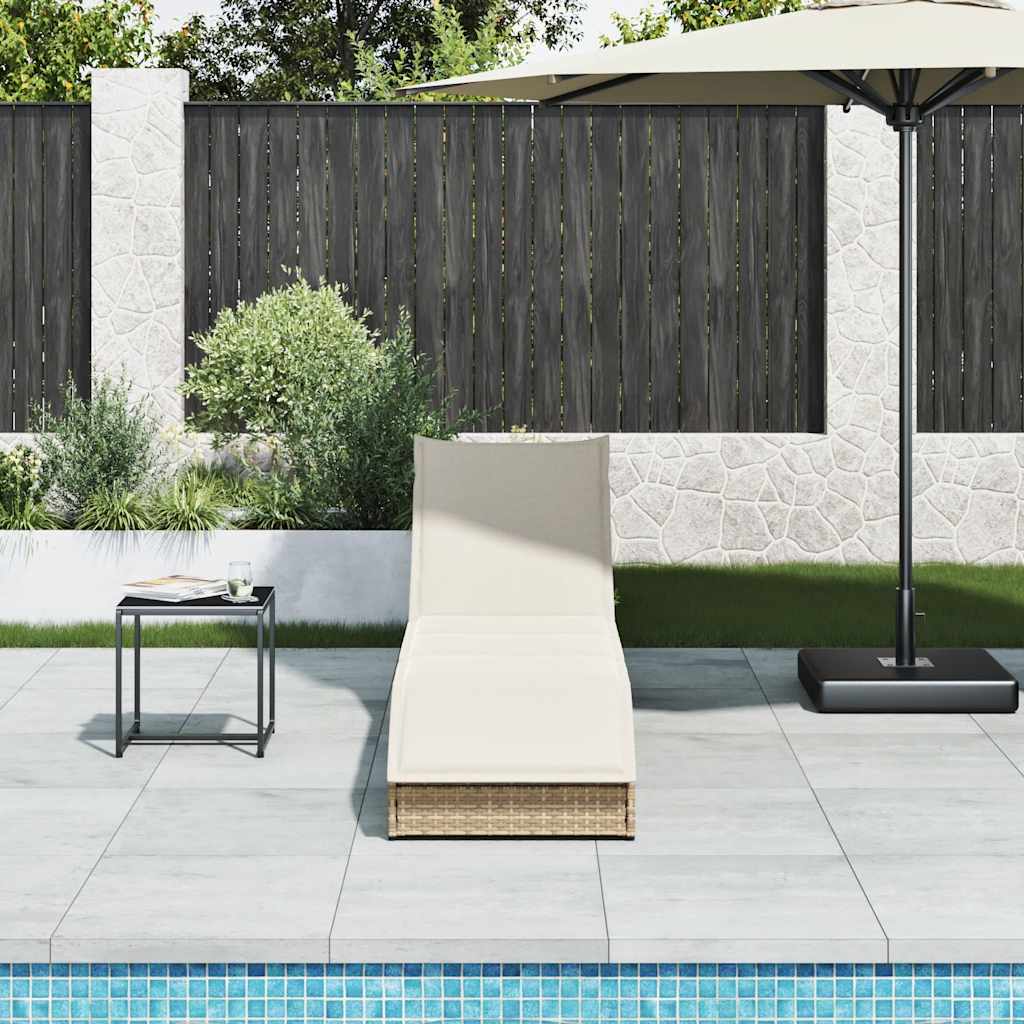 Folding Sun Lounger with Cushion and Storage Space Beige Poly Rattan