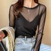 Seksi Kadın T Gömlek Şeffaf Örgü Üstleri Uzun Kollu Şeffaf Ince Bayanlar O-Boyun Renk Ipek T-Shirt Dantel Kırpma Üst
