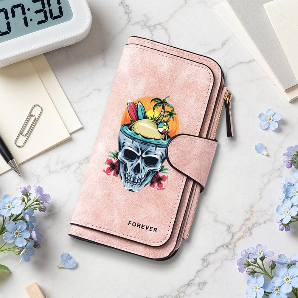 Skull Pattern Long Wallet Summer Beach Style Zipper Purse Forever Fashion Card Holder For Daily Use