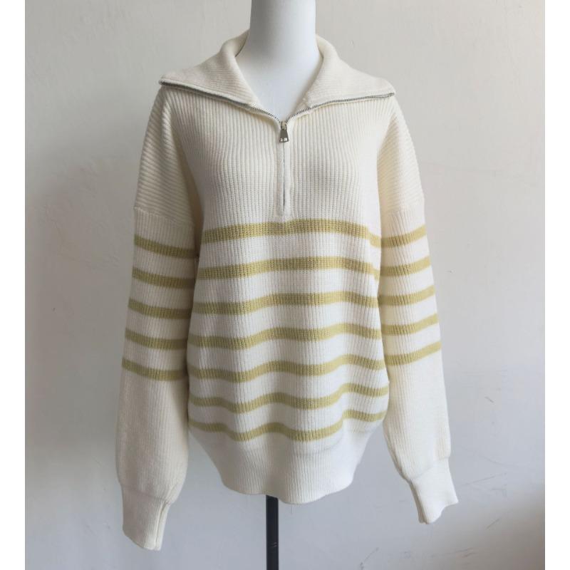 Vintage Striped Loose Commuter Half Zipper Lapel Pullover Sweater Autumn and Winter Women's New Knitted Sweater