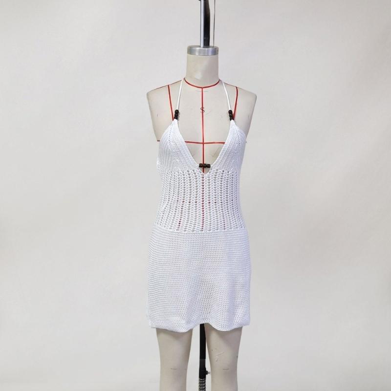 Knitting Tied V Neck Halterneck Backless Tied Up Beach Dress Adjustable Summer Outfit For Women Swimwear Cover Up