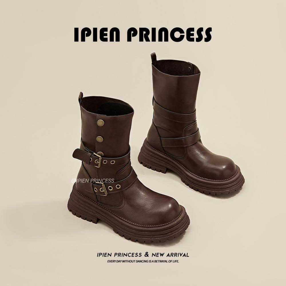 2025 New Women's British Style Martin Boots - Brown Retro Mid-Calf, Perfect for Early Autumn with Skirts