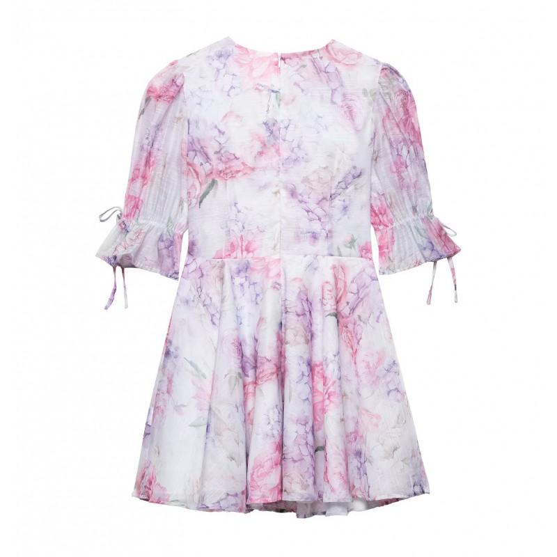 Womens Floral Chiffon A-Line Mini Dress With U-Neck High Waist Sleeveless Streetwear